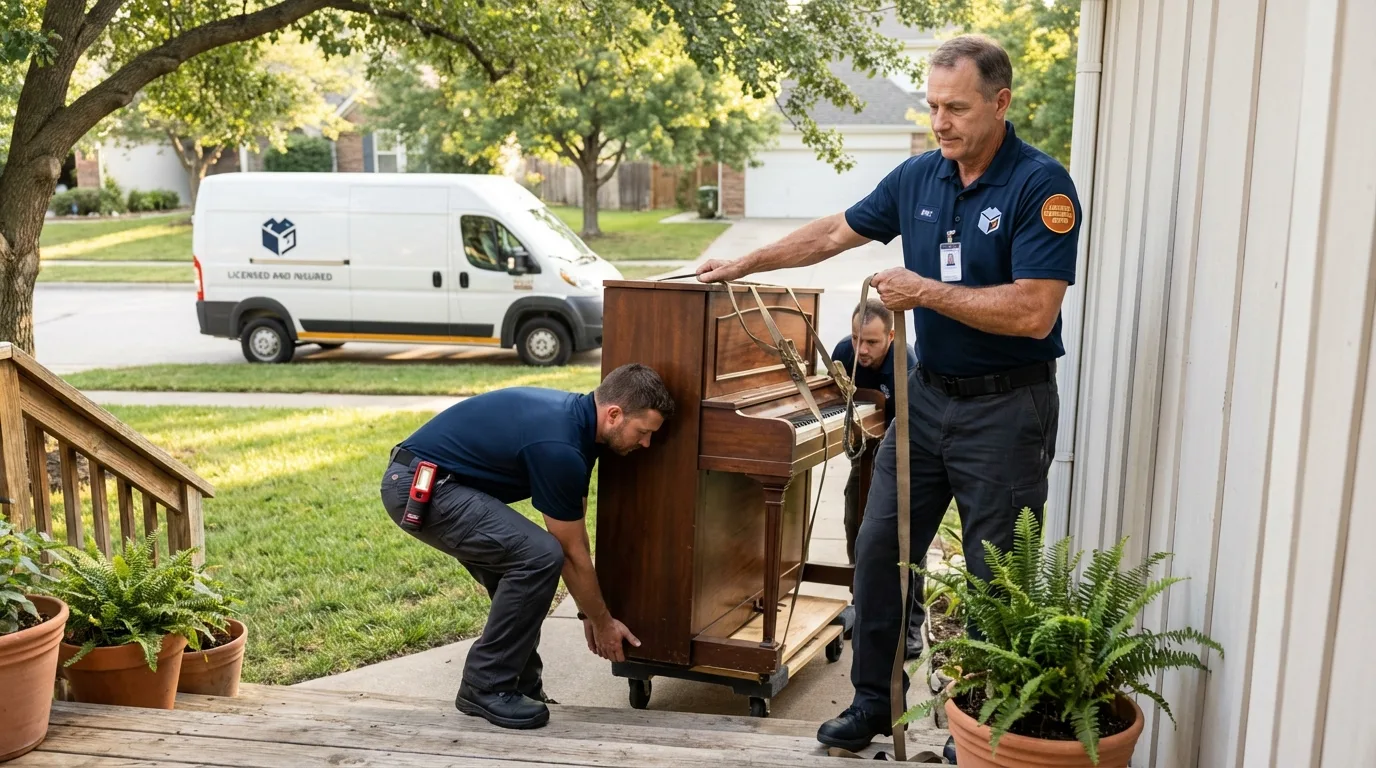 Licensed piano movers securing grand piano in Centerville, IA