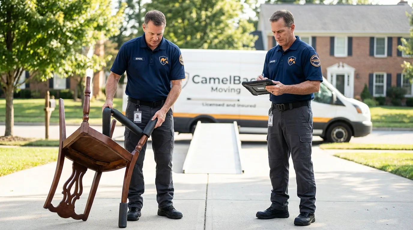 Movers inspecting furniture for damage prevention before loading in Centerville, IA