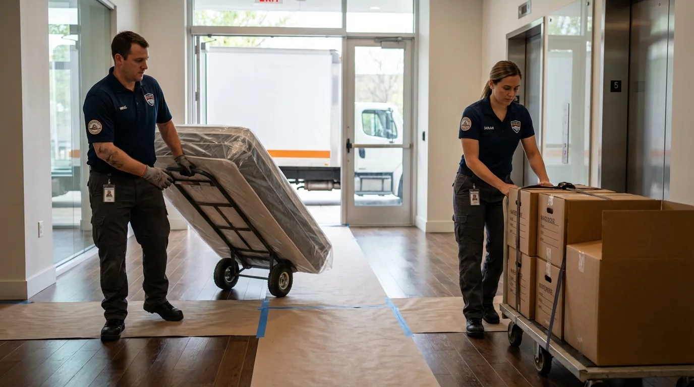 Professional apartment movers loading elevator in Centerville, IA