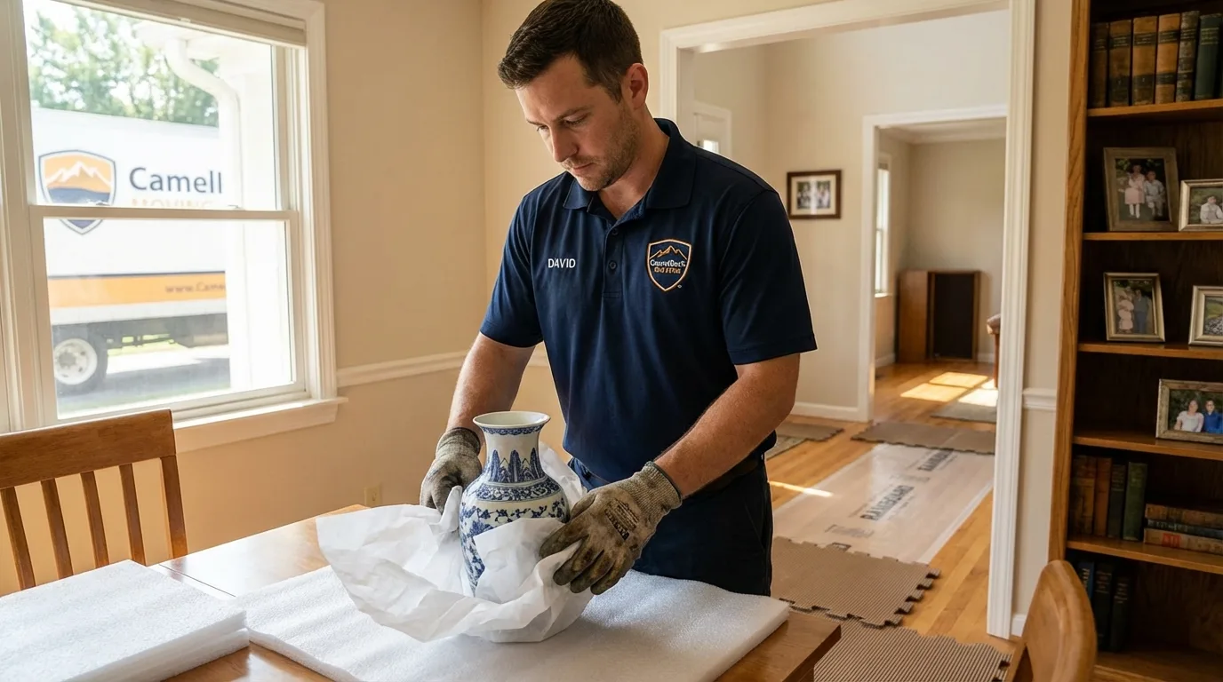 Professional crew carefully wrapping antique vase for senior downsizing move in Centerville, IA